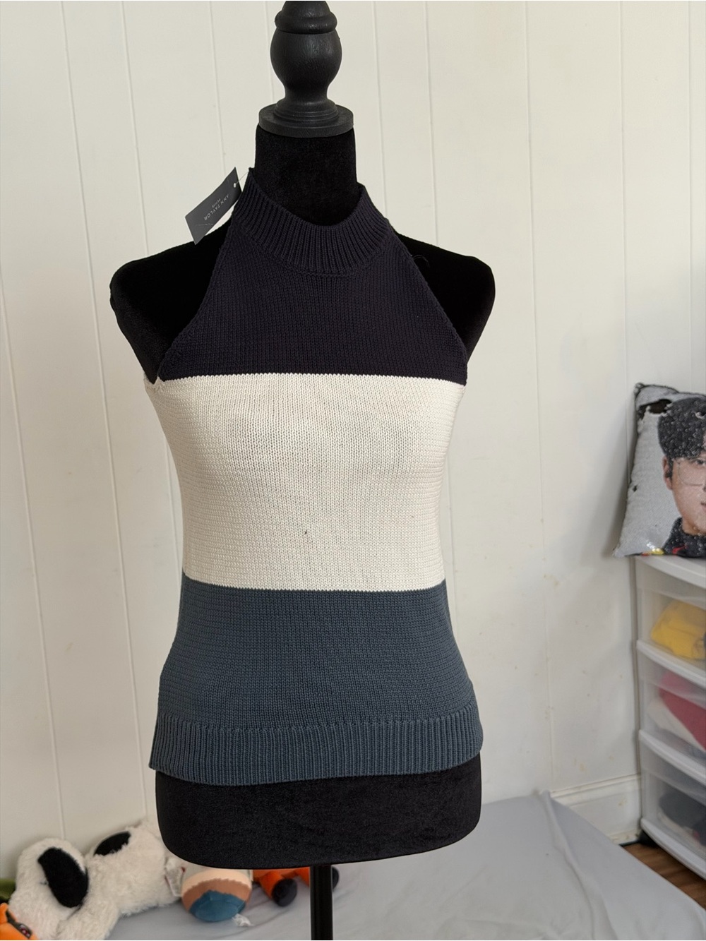 Colorblock Halter Knit Sweater Tank - Black, White & Gray size XSP